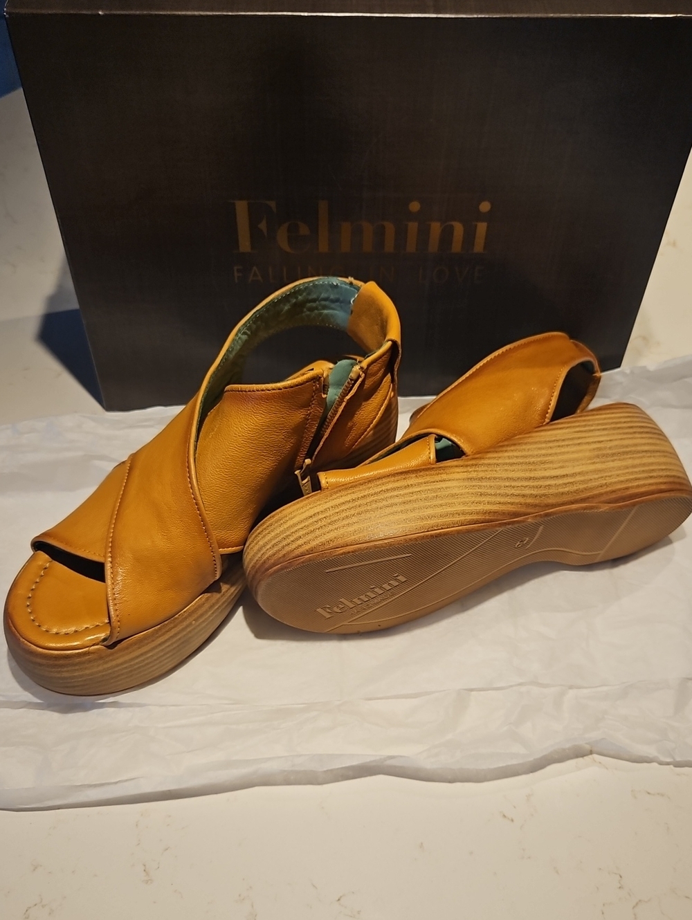 NWT Felmini Women's Platform Peep-Toe Sandals in Mustard